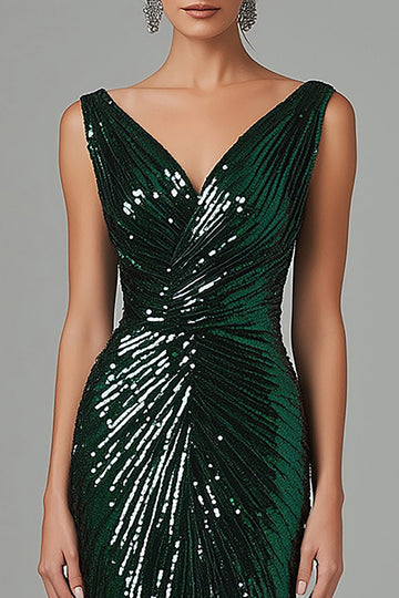 Sparkly Dark Green Mermaid V-Neck Sequins Ruched Long Formal Dress